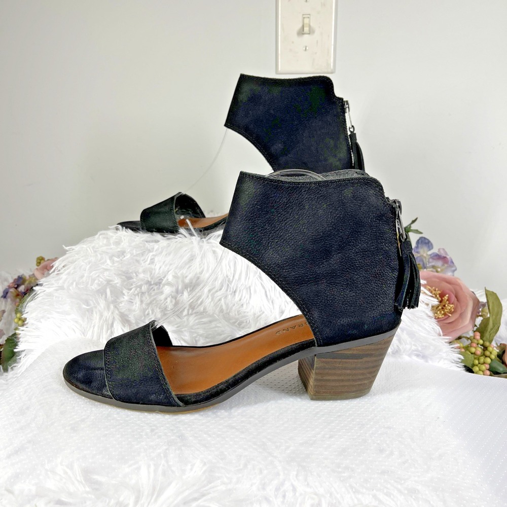 Lucky Brand 9M/39 Women's Black Suede Ankle Cuff Sandals Tassel Block Heel Zip
